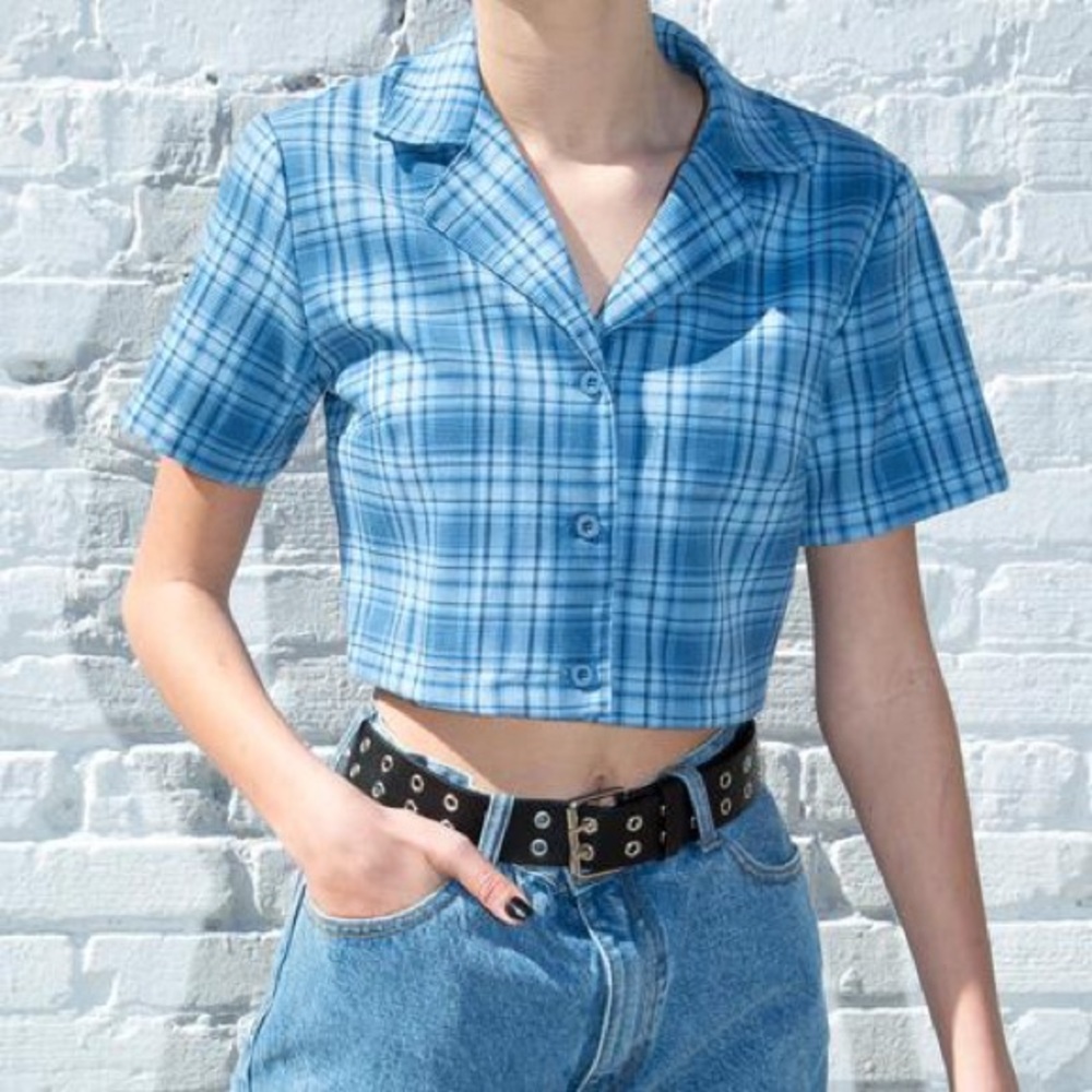 brandy melville white and blue cropped button top